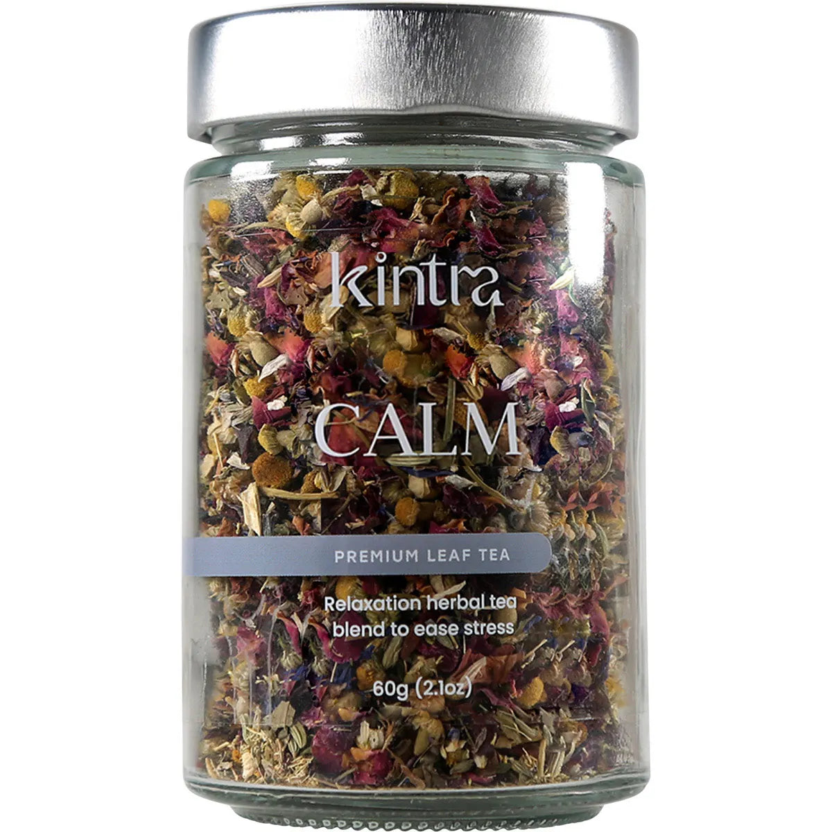 60g jar of Kintra Blends Calm & Relax loose leaf tea with botanical illustrations of chamomile and lavender.
