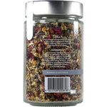 Back label of Kintra Blends Calm & Relax 60g tea jar, listing botanical ingredients and brewing instructions.