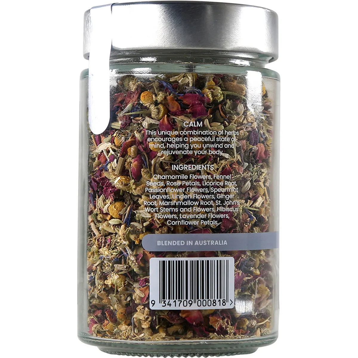 Back label of Kintra Blends Calm & Relax 60g tea jar, listing botanical ingredients and brewing instructions.