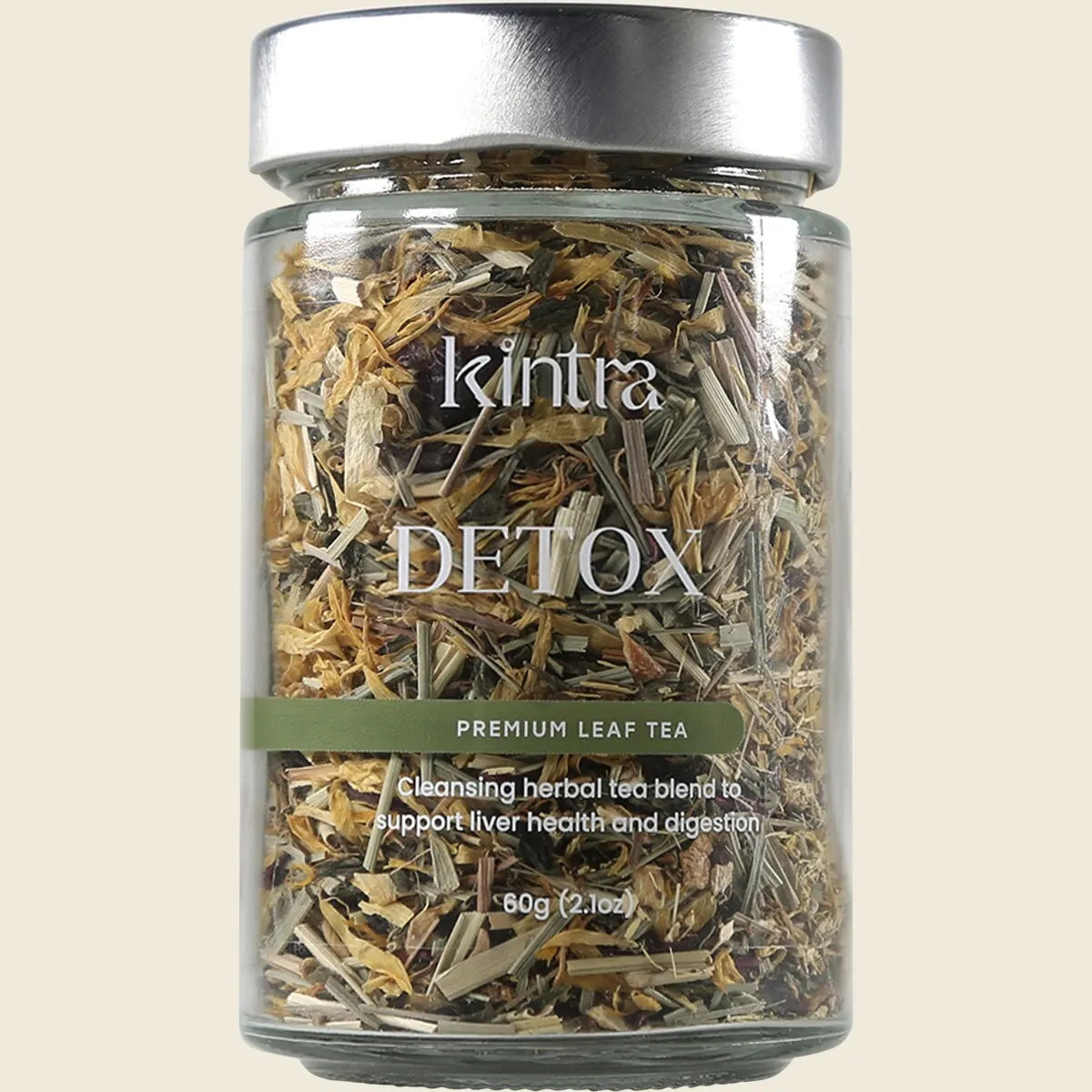 Kintra Blends Detox and Cleanse 60g loose leaf tea in a clear jar with a white and green label.