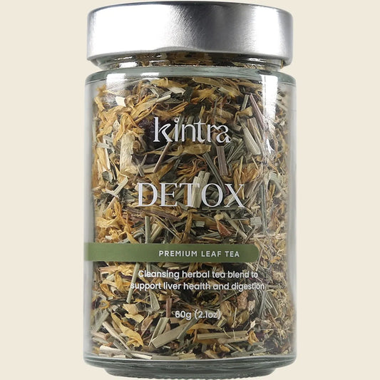 Kintra Blends Detox and Cleanse 60g loose leaf tea in a clear jar with a white and green label.