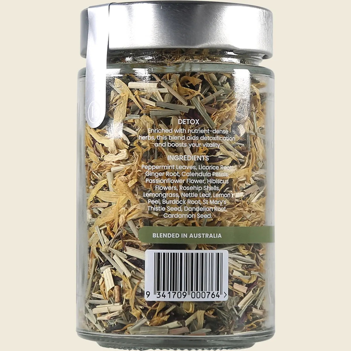Back of Kintra Blends Detox & Cleanse loose leaf tea jar showing ingredients, benefits, and preparation instructions.