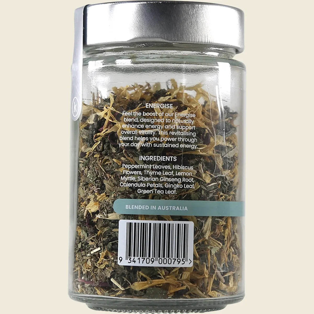 Back of Kintra Blends Energise 50g loose leaf tea bag showing ingredients, brewing instructions, and product details.