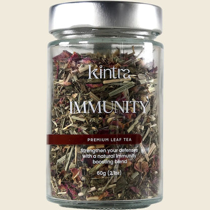 Kintra Blends Immunity 60g loose leaf tea in a glass jar with an orange label and wooden lid.
