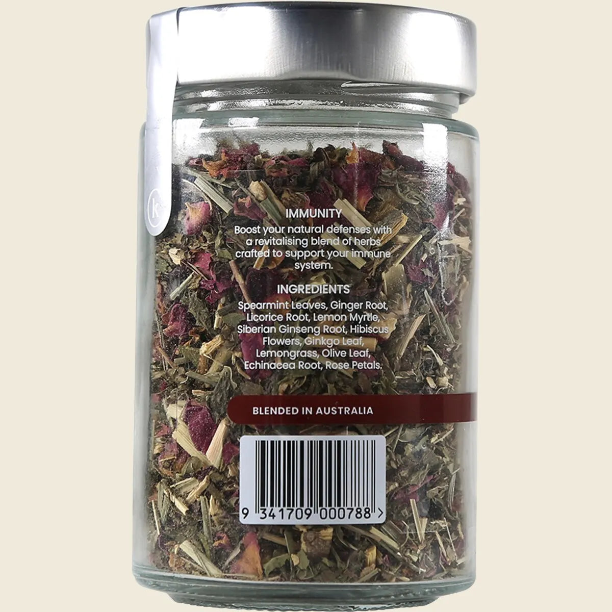 Back label of Kintra Blends Immunity 60g loose leaf tea showing ingredients and brewing instructions.