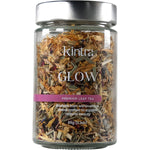 Kintra Blends 65g Glow loose leaf tea in a glass jar with botanical ingredients shown on the label.