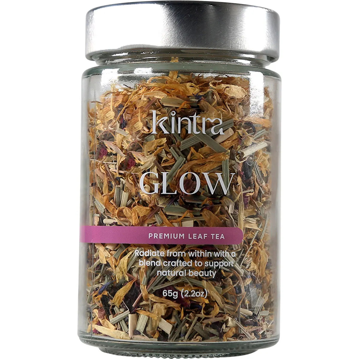 Kintra Blends 65g Glow loose leaf tea in a glass jar with botanical ingredients shown on the label.