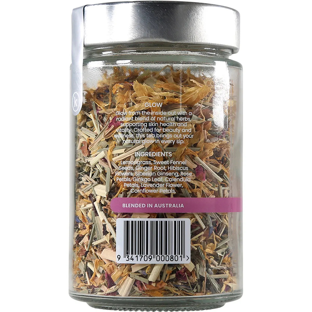Back label of Kintra Blends Glow loose leaf tea showing ingredients, brewing instructions, and nutritional information.