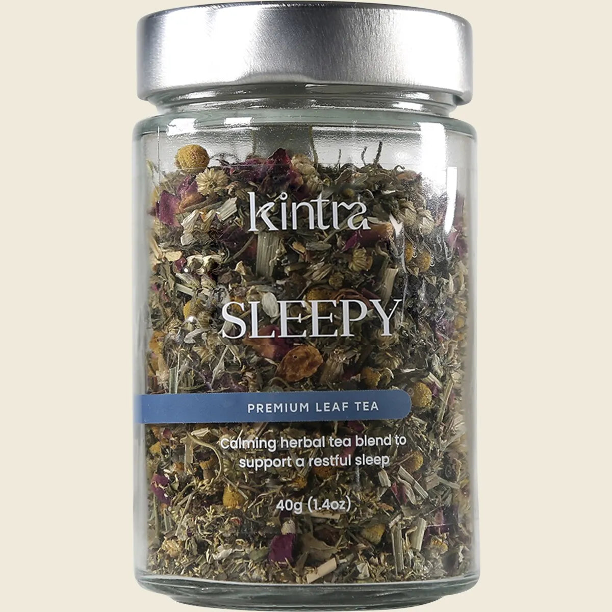 40g jar of Kintra Foods Sleepy Loose Leaf Tea with chamomile, lavender, and passionflower on a white background.