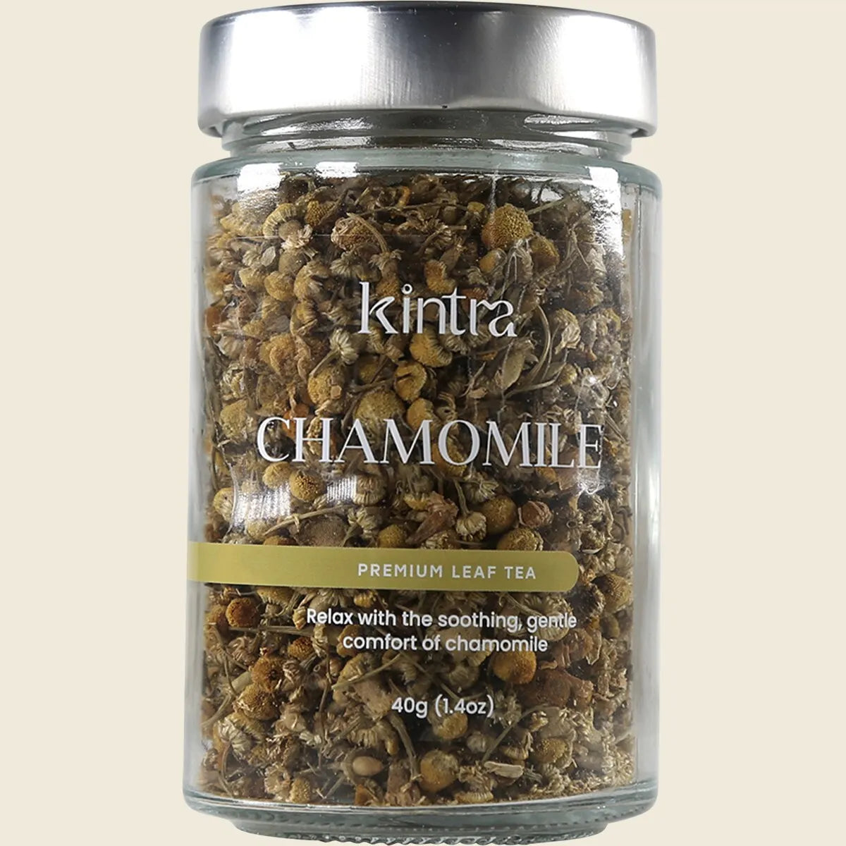 Kintra Blends 40g loose leaf chamomile tea in a glass jar with a white label and gold accents.