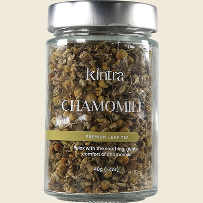 Kintra Blends 40g loose leaf chamomile tea in a glass jar with a white label and gold accents.