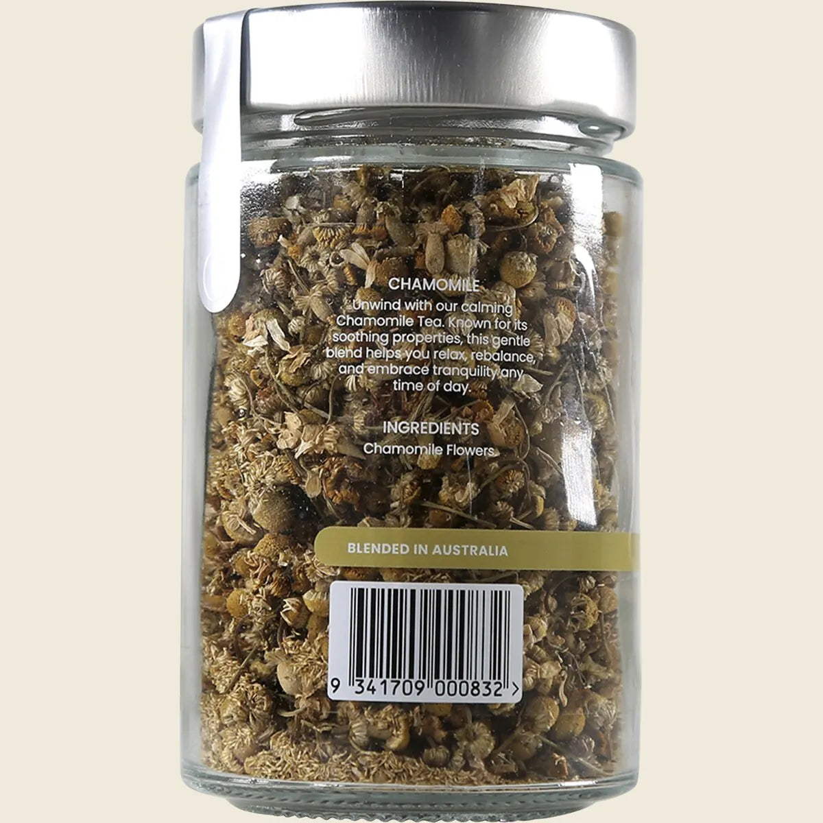 Back of a Kintra Blends 40g chamomile tea jar showing ingredients and brewing instructions on a white label.