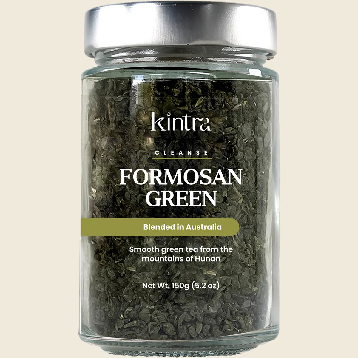 Kintra Blends 150g jar of loose leaf green tea with a white label and botanical green leaf illustrations.