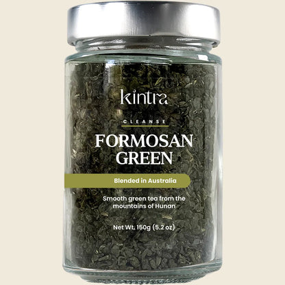 Kintra Blends 150g jar of loose leaf green tea with a white label and botanical green leaf illustrations.
