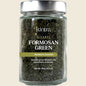 Kintra Blends 150g jar of loose leaf green tea with a white label and botanical green leaf illustrations.