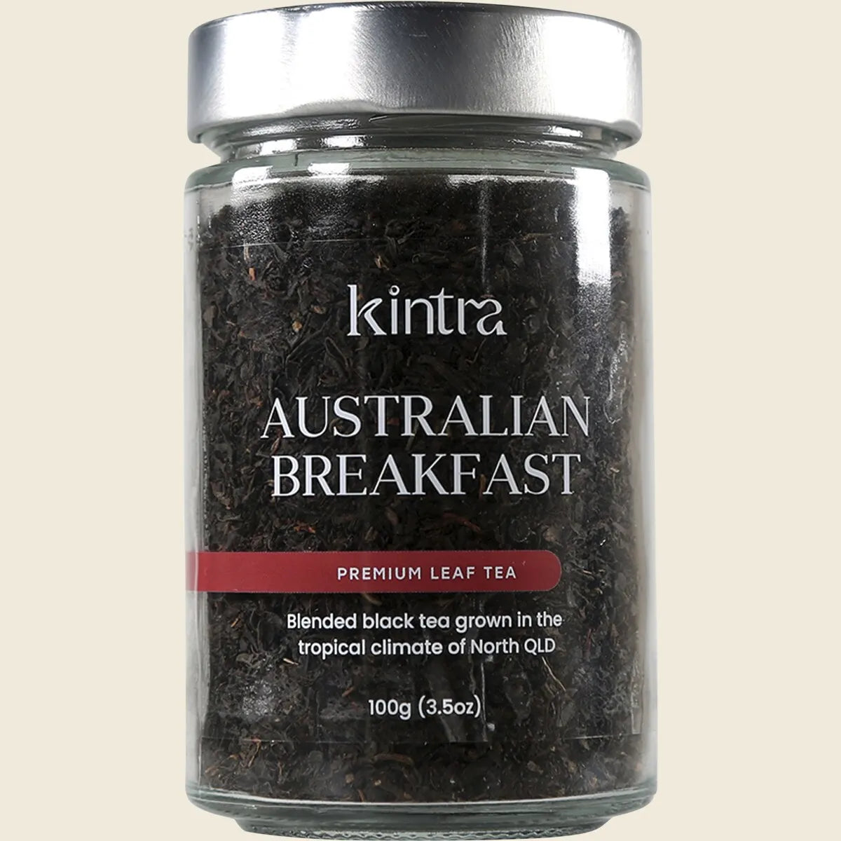 100g jar of Kintra Foods English Breakfast loose leaf tea with a black lid and white label.