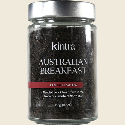 100g jar of Kintra Foods English Breakfast loose leaf tea with a black lid and white label.