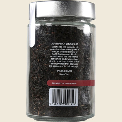 Back of Kintra English Breakfast 100g tea jar showing ingredients and brewing instructions on a white label.