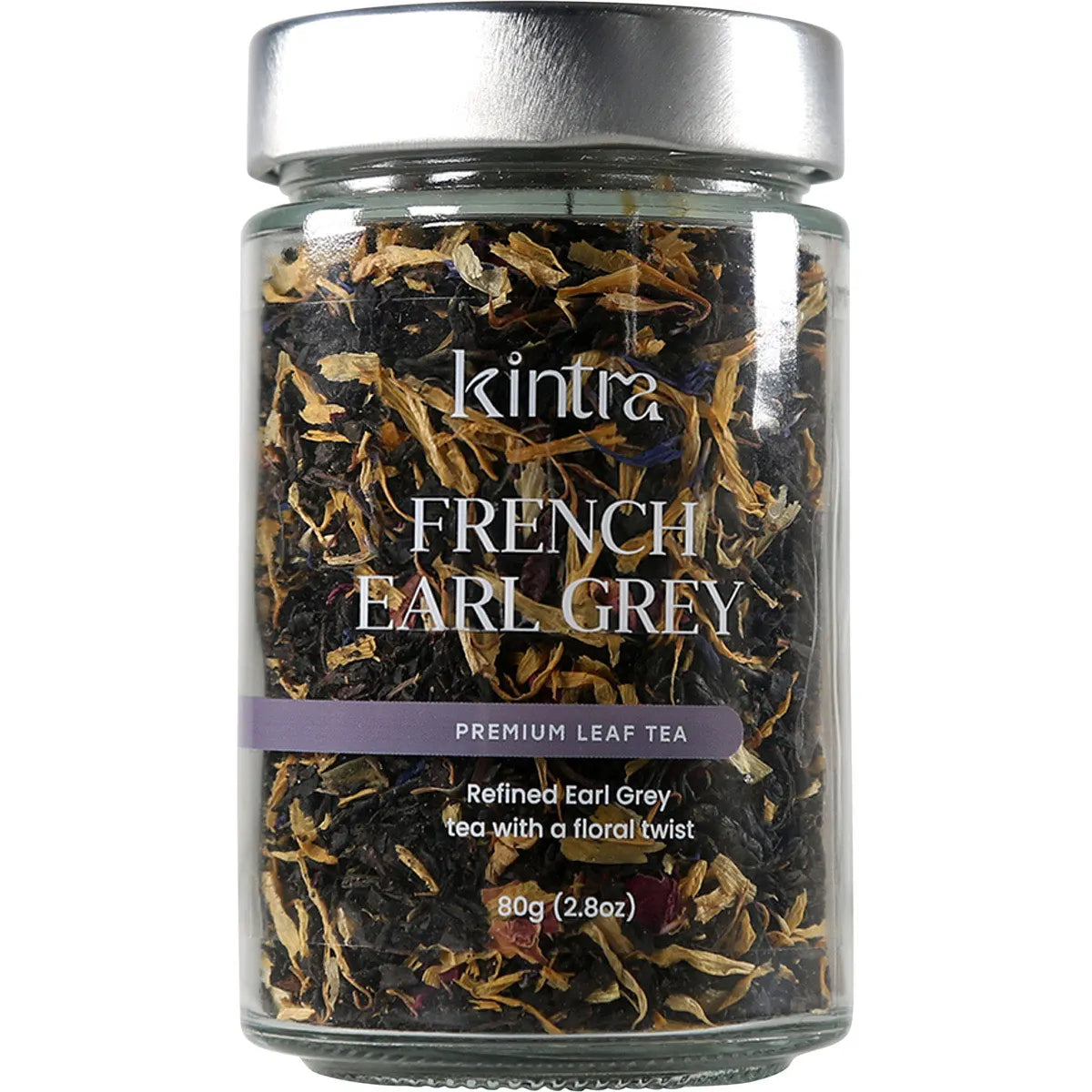 80g jar of Kintra French Earl Grey loose leaf tea with organic black tea, rose, cornflower, and calendula petals.