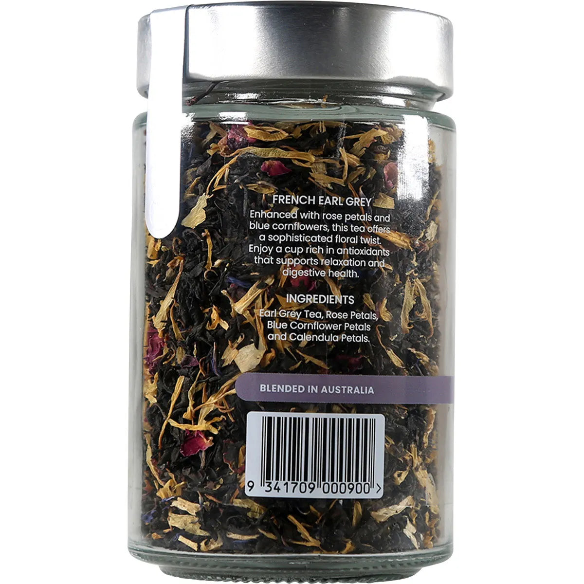 Back of Kintra French Earl Grey 80g jar showing ingredients, brewing instructions, and nutritional information.