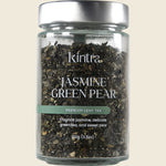 100g canister of Kintra Blends Jasmine Green with Pear loose leaf tea featuring white and green botanical illustrations.