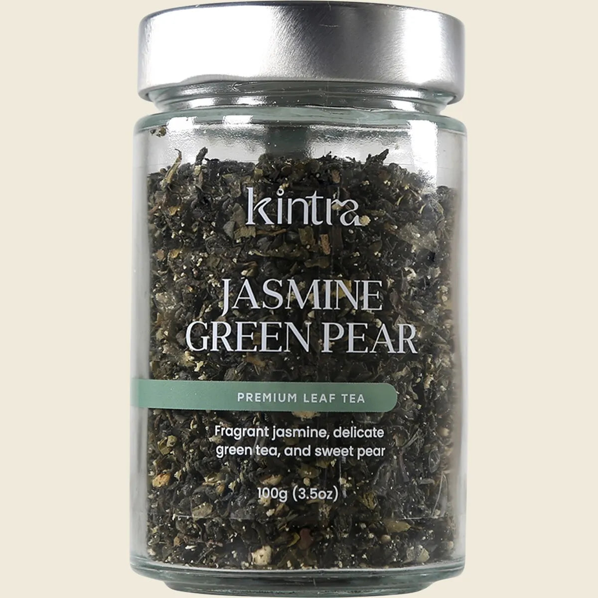 100g canister of Kintra Blends Jasmine Green with Pear loose leaf tea featuring white and green botanical illustrations.