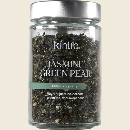 100g canister of Kintra Blends Jasmine Green with Pear loose leaf tea featuring white and green botanical illustrations.