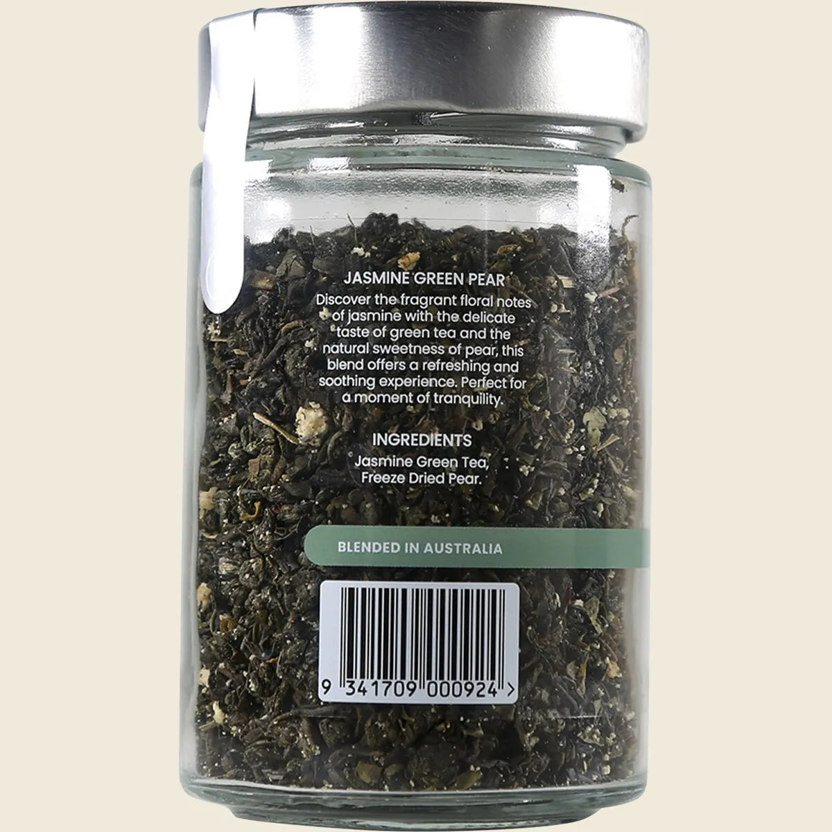 Back of Kintra Blends Jasmine Green with Pear 100g tea canister showing ingredients and brewing instructions.
