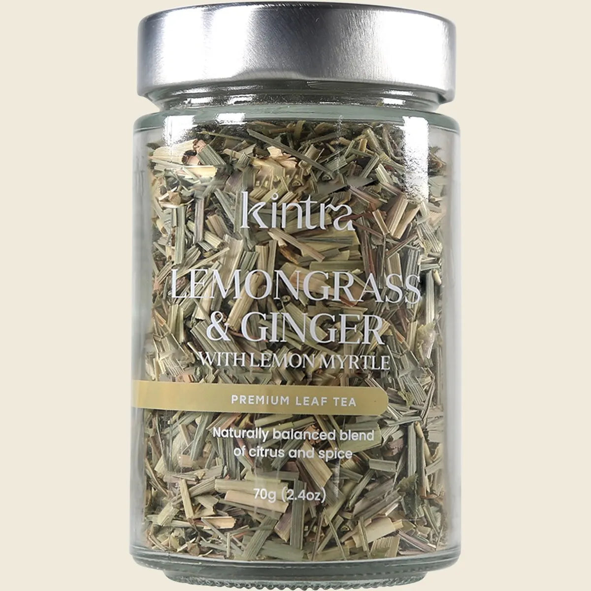 70g jar of Kintra Lemongrass & Ginger with Lemon Myrtle loose leaf tea featuring a green and yellow label.