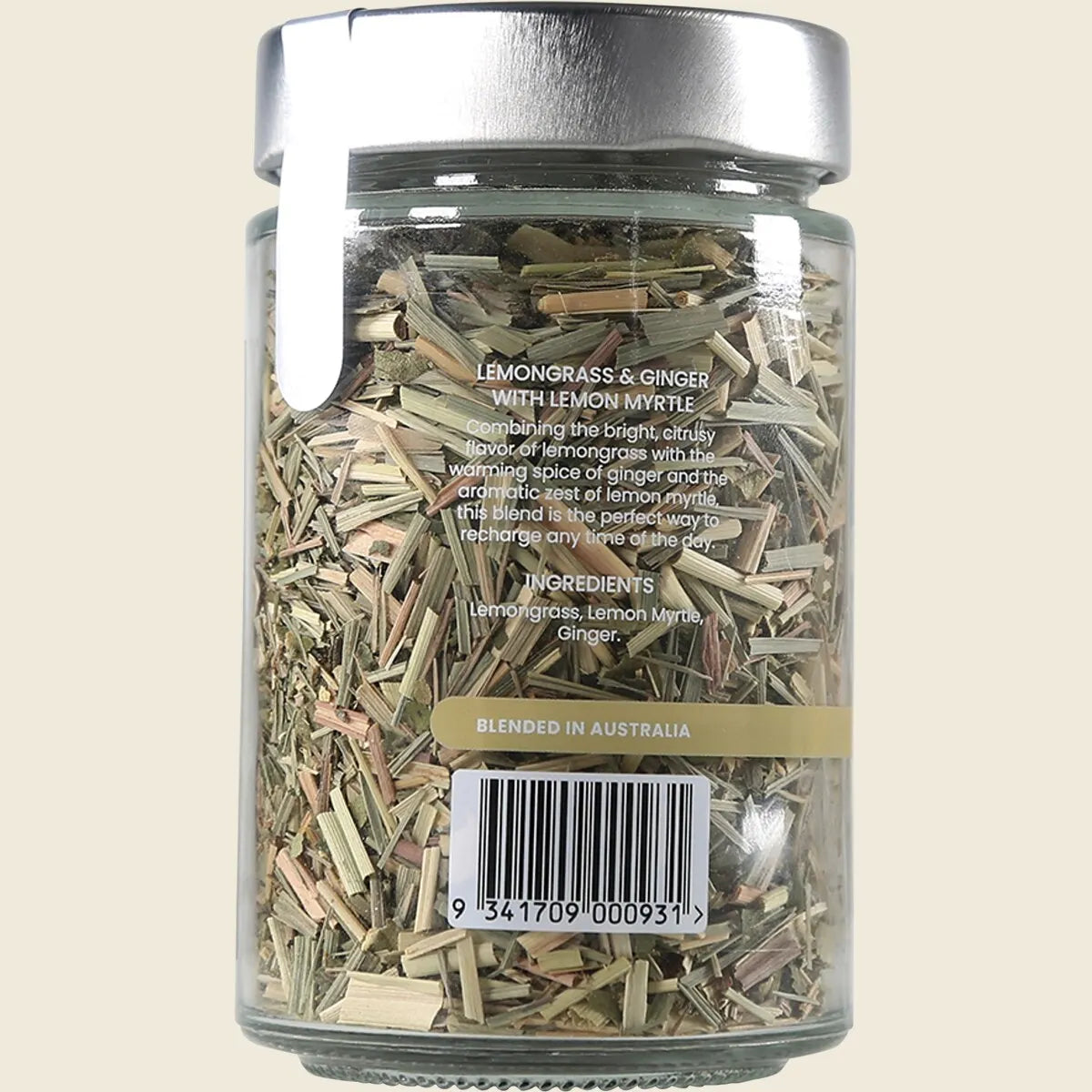 Back of Kintra Lemongrass & Ginger 70g tea jar showing nutritional information and ingredient list.