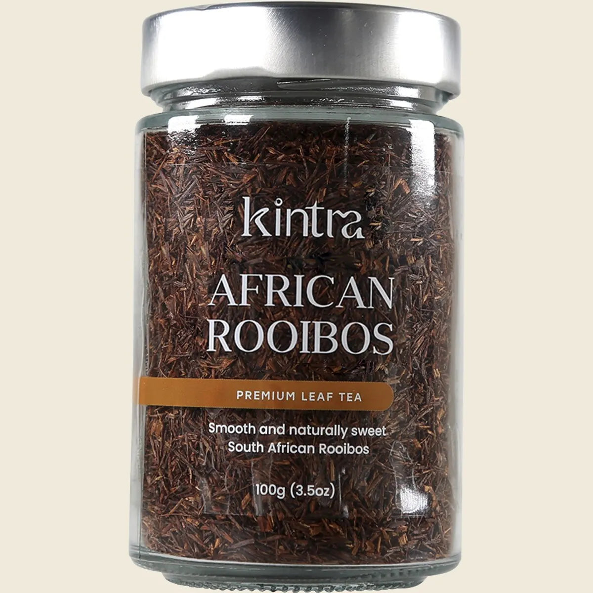 100g glass jar of Kintra Blends Loose Leaf African Rooibos tea with a red label and black lid.