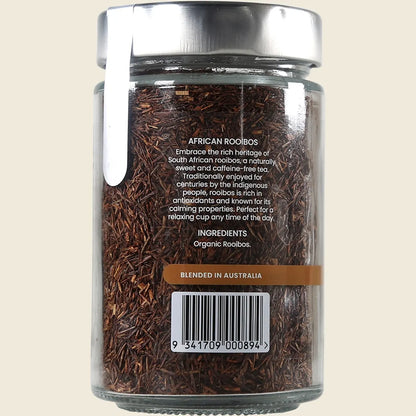 Back of a Kintra Blends 100g African Rooibos tea glass jar showing nutritional information and brewing instructions.