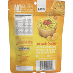 Side view of a 64g bag of Keto Naturals Cheddar and Onion Almond Flour Crackers showing nutritional highlights.