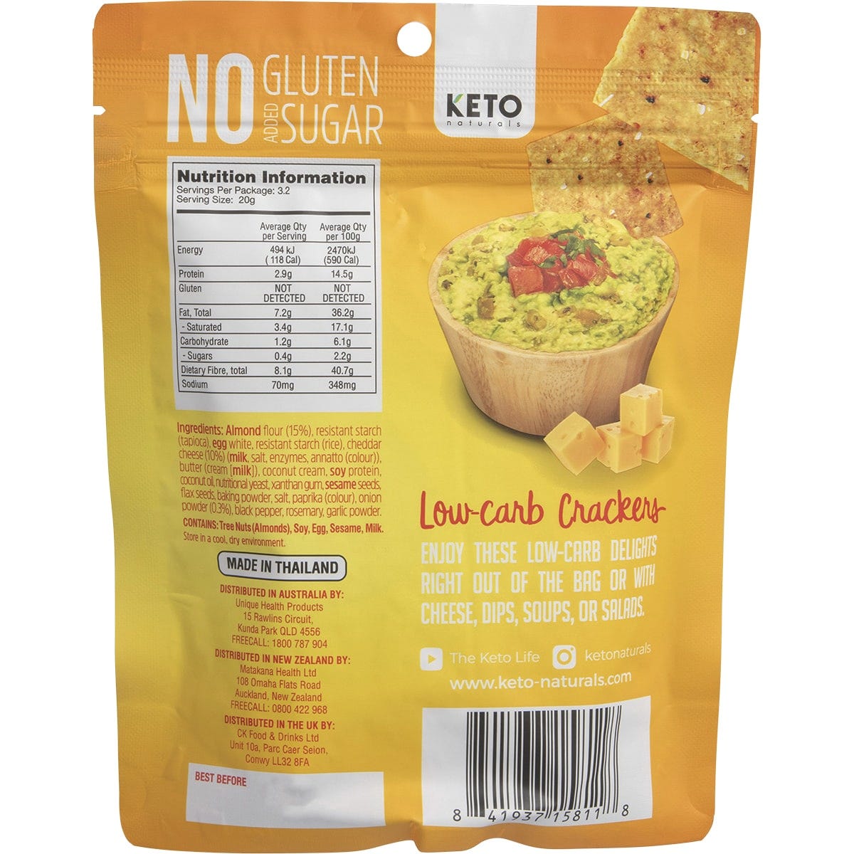 Side view of a 64g bag of Keto Naturals Cheddar and Onion Almond Flour Crackers showing nutritional highlights.
