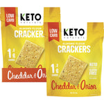 Box of 8 Keto Naturals Cheddar and Onion Almond Flour Crackers packs with keto-friendly and gluten-free labels.
