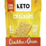 Back of Keto Naturals Cheddar & Onion Almond Flour Crackers pack with nutrition facts and ingredients list.