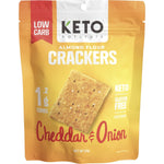 Keto Naturals Cheddar and Onion Almond Flour Crackers 64g bag with gluten-free and low-carb labels.
