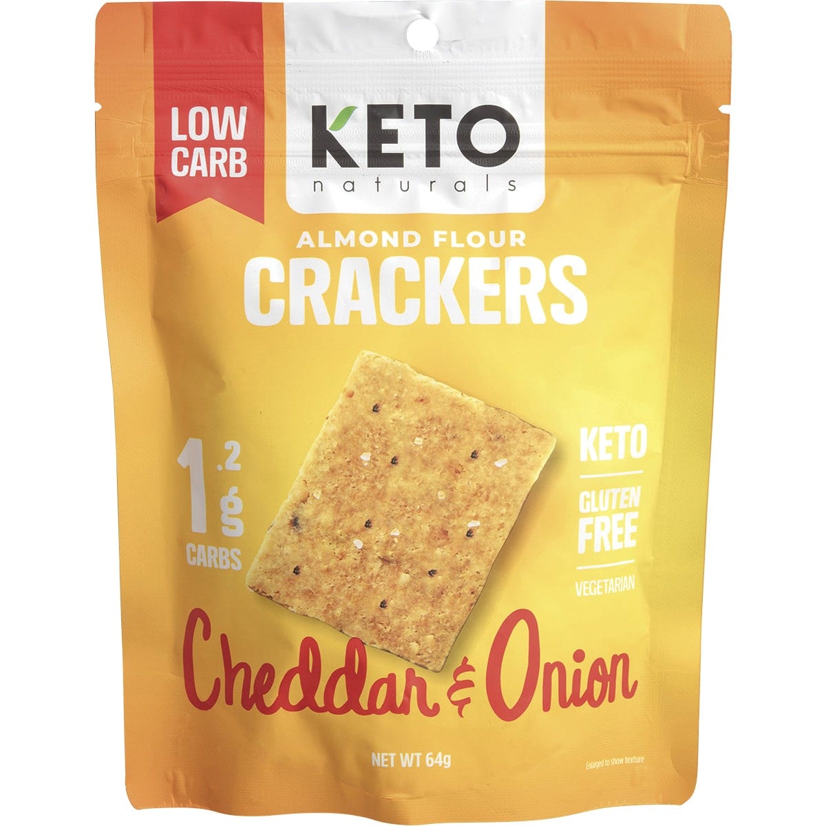 Keto Naturals Cheddar and Onion Almond Flour Crackers 64g bag with gluten-free and low-carb labels.