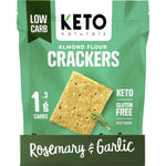 Side view of a 64g bag of Keto Naturals Rosemary & Garlic Almond Flour Crackers showing product features and benefits.