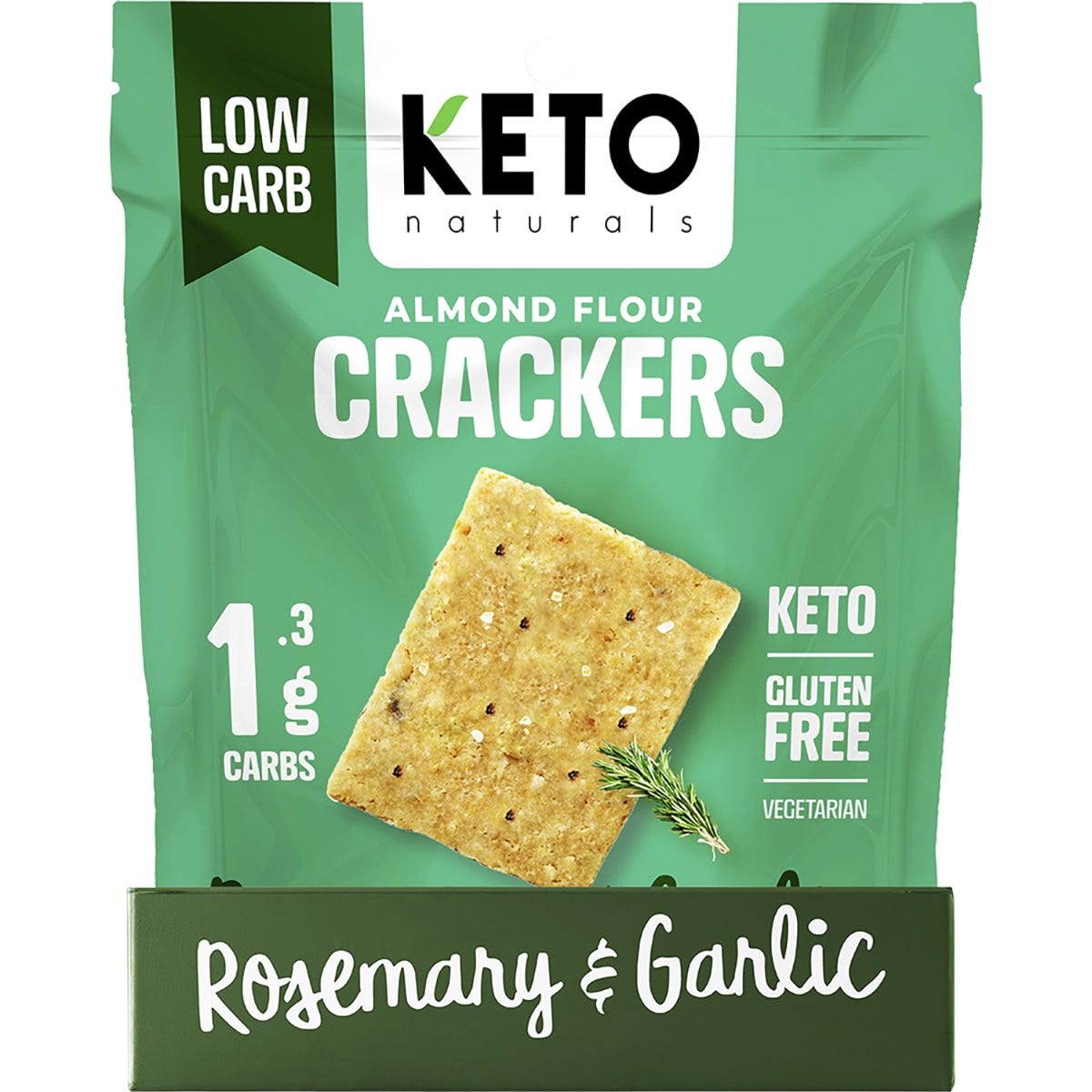 Side view of a 64g bag of Keto Naturals Rosemary & Garlic Almond Flour Crackers showing product features and benefits.