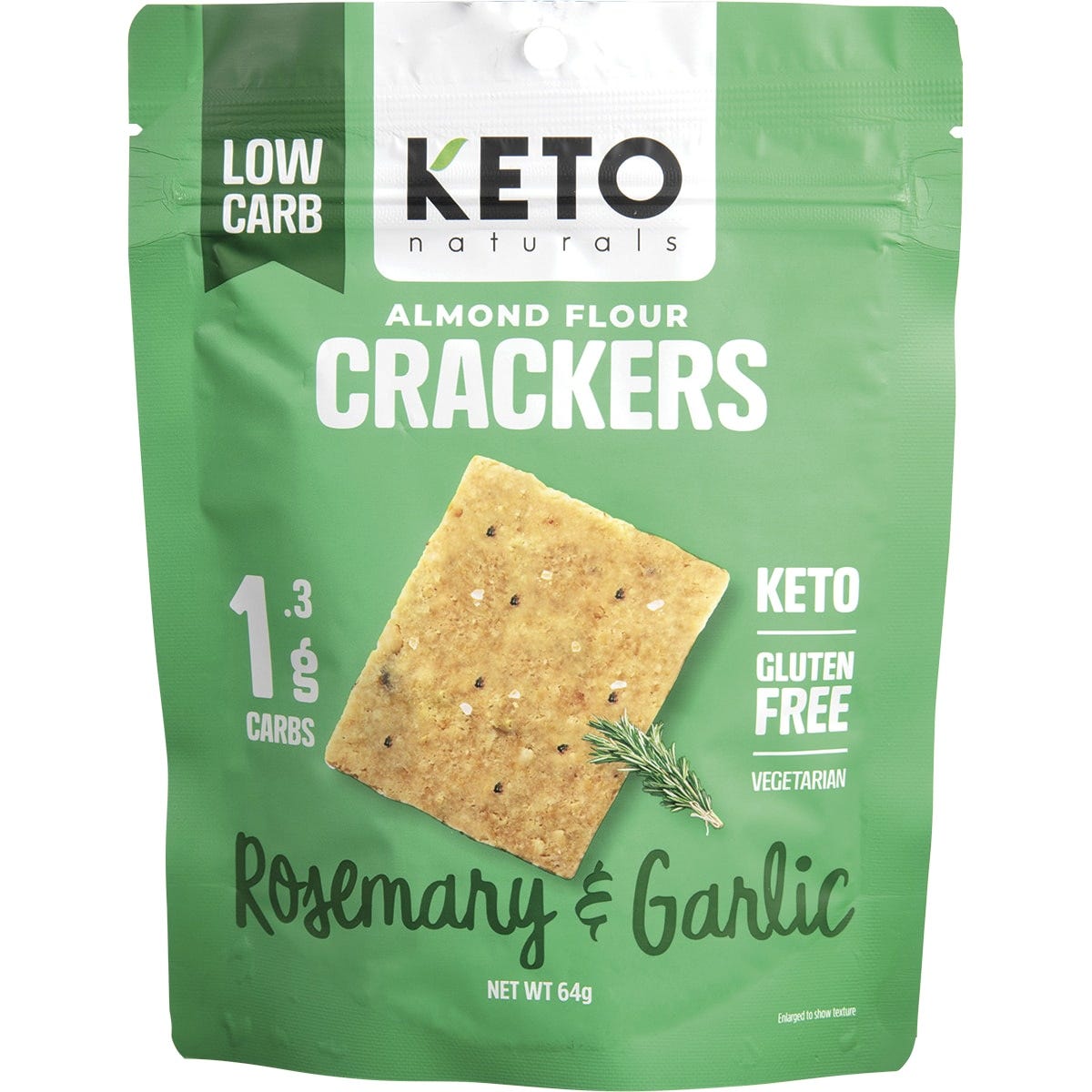 A 64g bag of Keto Naturals Rosemary and Garlic Almond Flour Crackers showing crackers and fresh rosemary.
