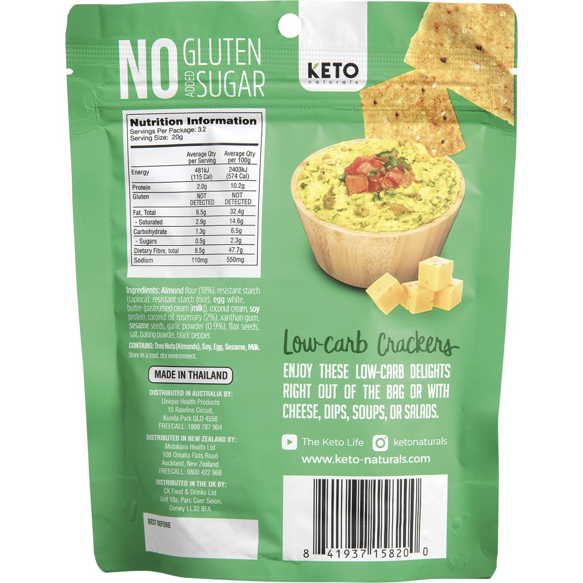 Keto Naturals Rosemary and Garlic Almond Flour Crackers bag showing crackers, rosemary sprigs, and garlic cloves.