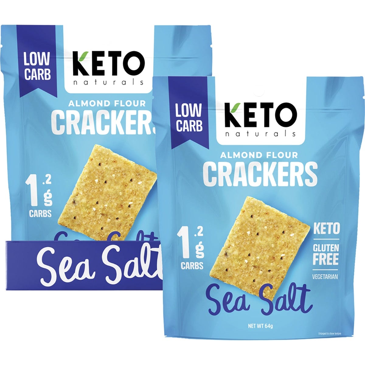 64g bag of Keto Naturals Sea Salt Almond Flour Crackers made with simple ingredients.