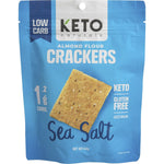 Keto Naturals Sea Salt Almond Flour Crackers bag showing thin, golden-brown crackers on a white background.