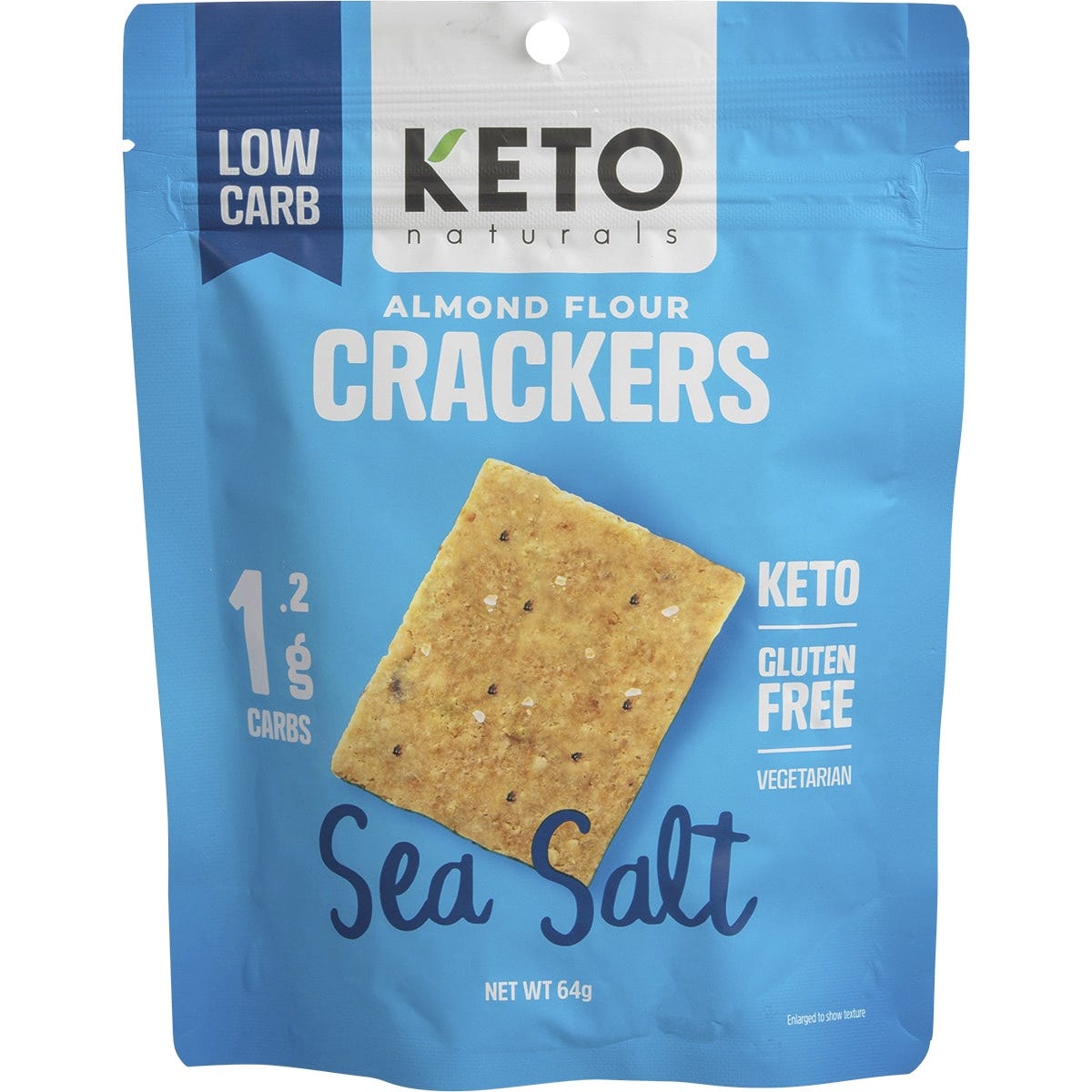 Keto Naturals Sea Salt Almond Flour Crackers bag showing thin, golden-brown crackers on a white background.