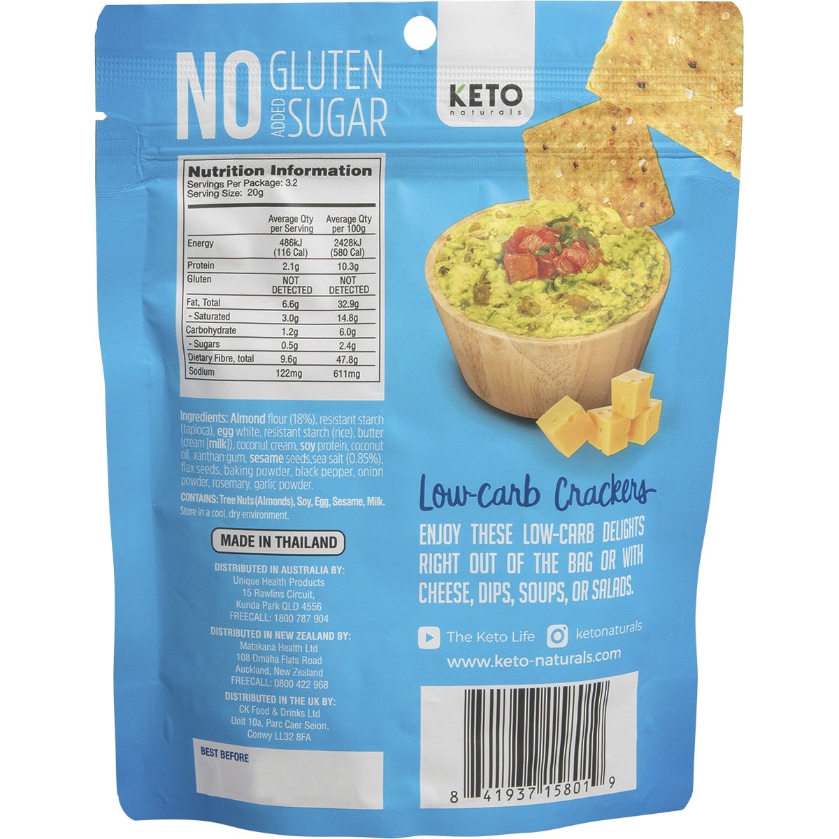 Back of Keto Naturals Sea Salt Almond Flour Crackers bag with nutrition facts, ingredients, and keto-friendly logos.