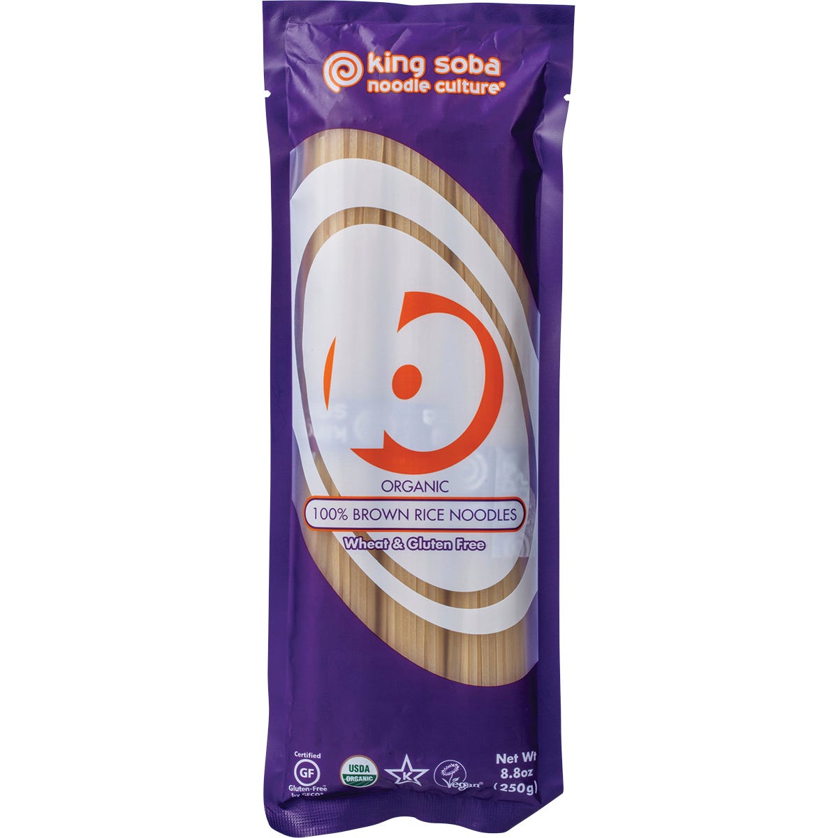 250g pack of King Soba Organic 100% Brown Rice Noodles, featuring a natural brown label with a white bowl of noodles.