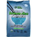 King Soba 280g pack of organic brown rice ramen noodles featuring four noodle cakes on a white background.