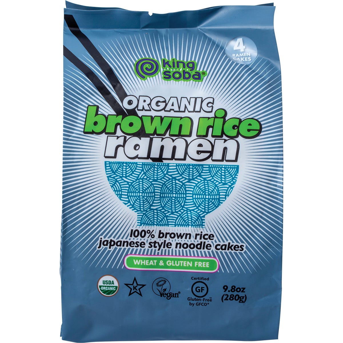 King Soba 280g pack of organic brown rice ramen noodles featuring four noodle cakes on a white background.