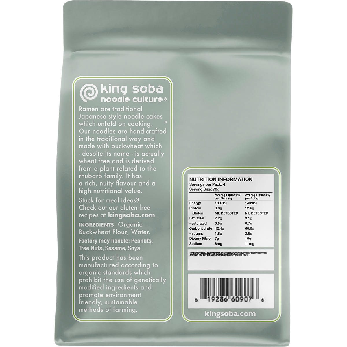 King Soba 280g pack of organic buckwheat ramen noodles with four dried noodle cakes on a white background.